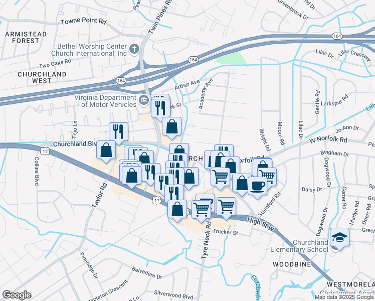 map of restaurants, bars, coffee shops, grocery stores, and more near 6020 Churchland Boulevard in Portsmouth