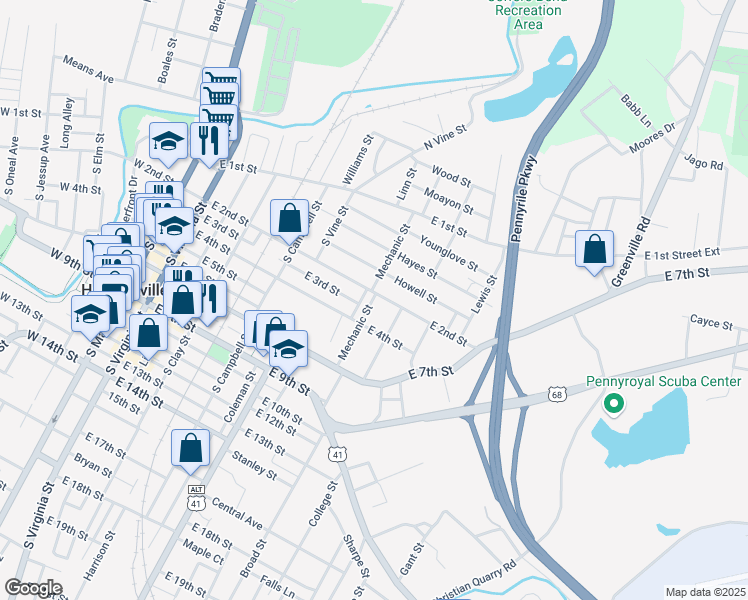 map of restaurants, bars, coffee shops, grocery stores, and more near 276 Mechanic Street in Hopkinsville