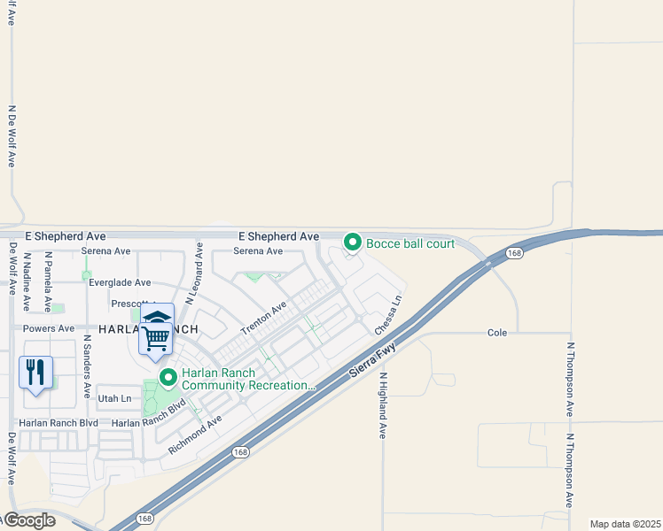 map of restaurants, bars, coffee shops, grocery stores, and more near 1950 North Todd Hedrick Lane in Clovis