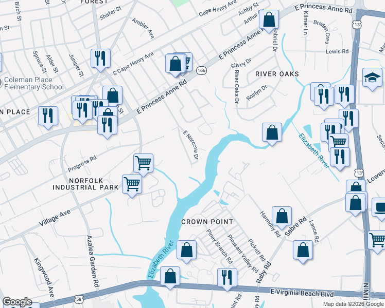map of restaurants, bars, coffee shops, grocery stores, and more near 1328 East Norcova Drive in Norfolk