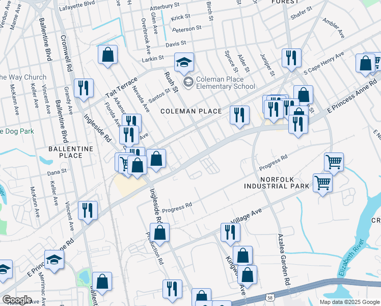 map of restaurants, bars, coffee shops, grocery stores, and more near 1519 Palmetto Street in Norfolk