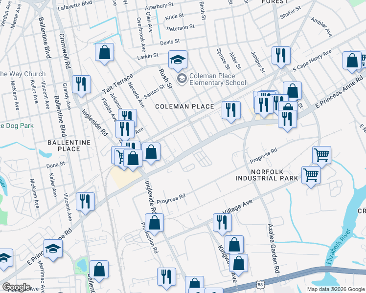 map of restaurants, bars, coffee shops, grocery stores, and more near 1519 Palmetto Street in Norfolk