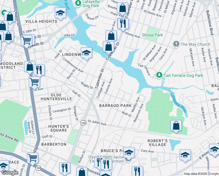 map of restaurants, bars, coffee shops, grocery stores, and more near 2428 Carona Avenue in Norfolk