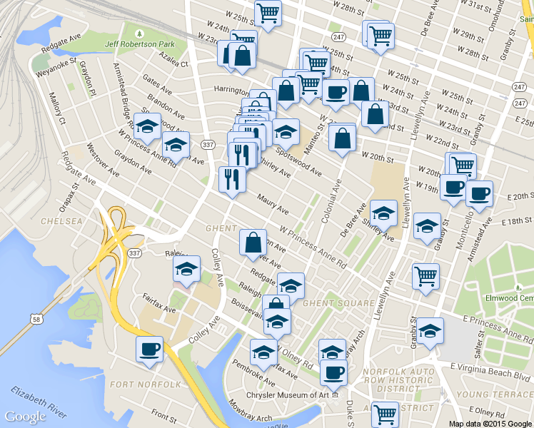 map of restaurants, bars, coffee shops, grocery stores, and more near 714 West Princess Anne Road in Norfolk