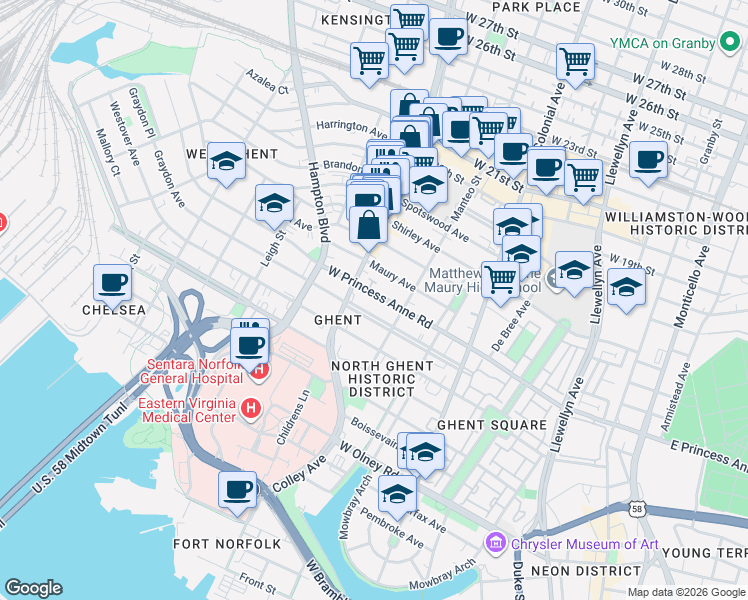 map of restaurants, bars, coffee shops, grocery stores, and more near in Norfolk