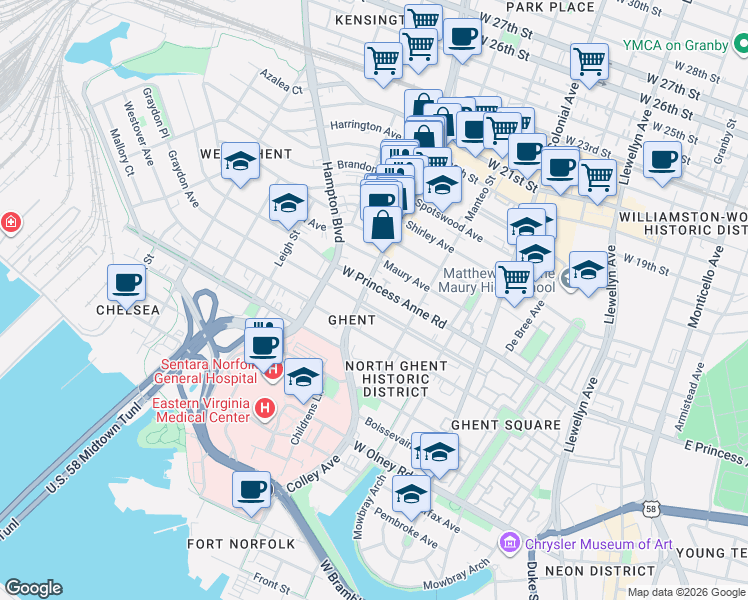 map of restaurants, bars, coffee shops, grocery stores, and more near 1112 Colley Avenue in Norfolk