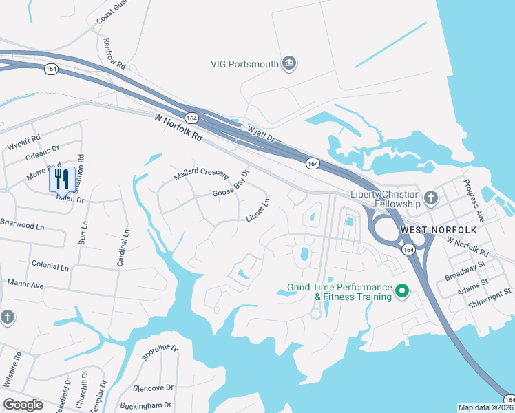 map of restaurants, bars, coffee shops, grocery stores, and more near 3724 Linnet Lane in Portsmouth
