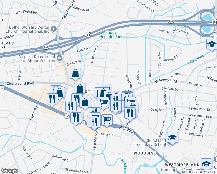 map of restaurants, bars, coffee shops, grocery stores, and more near 5809 Arden Street in Portsmouth