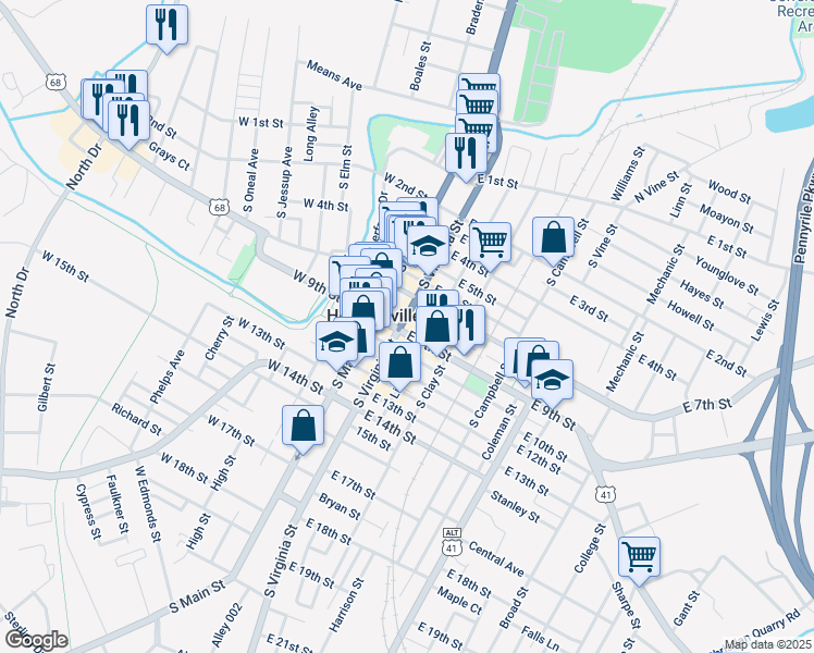 map of restaurants, bars, coffee shops, grocery stores, and more near 800 South Virginia Street in Hopkinsville
