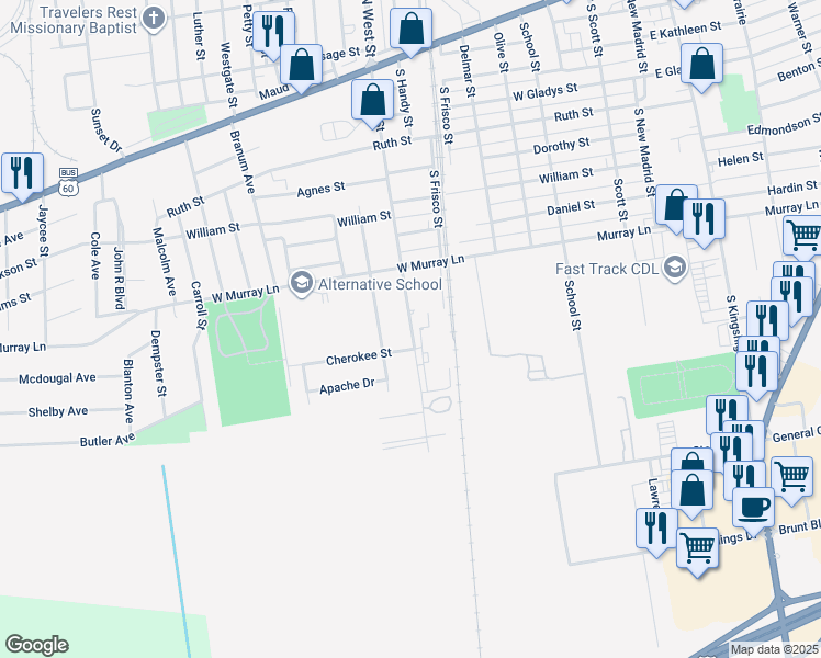 map of restaurants, bars, coffee shops, grocery stores, and more near 808 Ada Drive in Sikeston