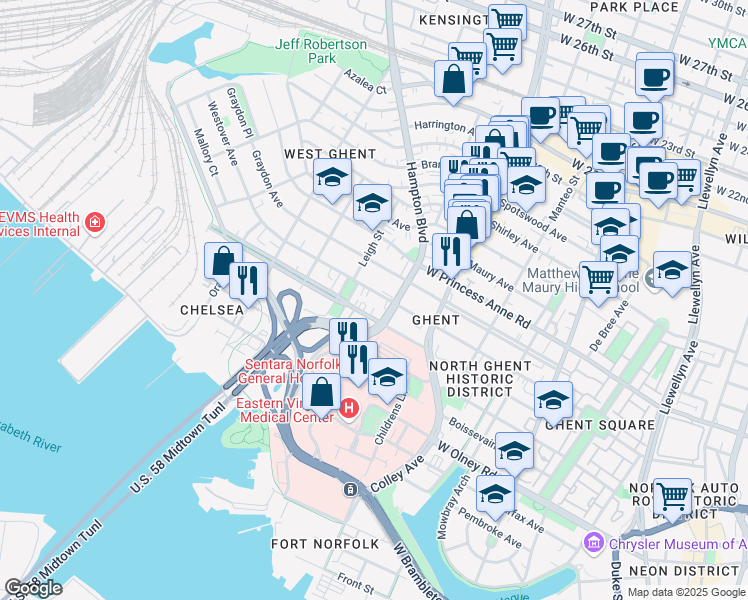 map of restaurants, bars, coffee shops, grocery stores, and more near 919 Westover Avenue in Norfolk