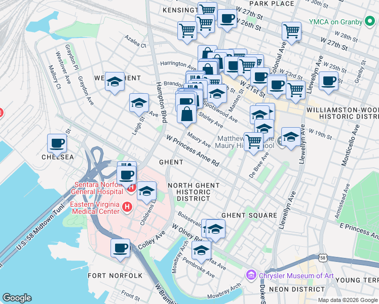 map of restaurants, bars, coffee shops, grocery stores, and more near in Norfolk
