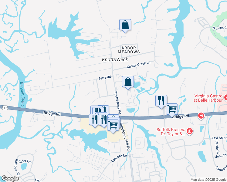 map of restaurants, bars, coffee shops, grocery stores, and more near 5901 Knotts Neck Road in Suffolk
