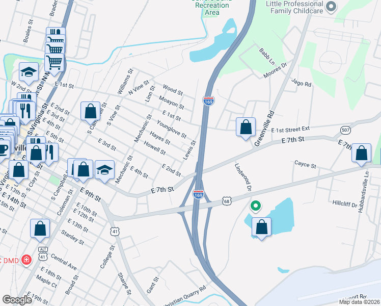 map of restaurants, bars, coffee shops, grocery stores, and more near 1000-1198 Hayes Street in Hopkinsville