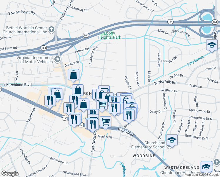 map of restaurants, bars, coffee shops, grocery stores, and more near 5809 Arden Street in Portsmouth
