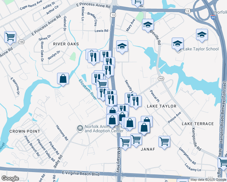map of restaurants, bars, coffee shops, grocery stores, and more near 1235 North Military Highway in Norfolk