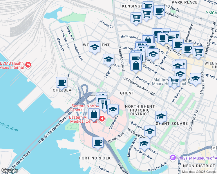 map of restaurants, bars, coffee shops, grocery stores, and more near 921 Westover Avenue in Norfolk