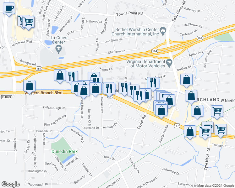 map of restaurants, bars, coffee shops, grocery stores, and more near 3254 Western Branch Blvd in Chesapeake