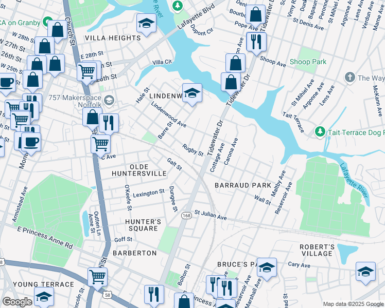 map of restaurants, bars, coffee shops, grocery stores, and more near 2403 Ruffin Street in Norfolk