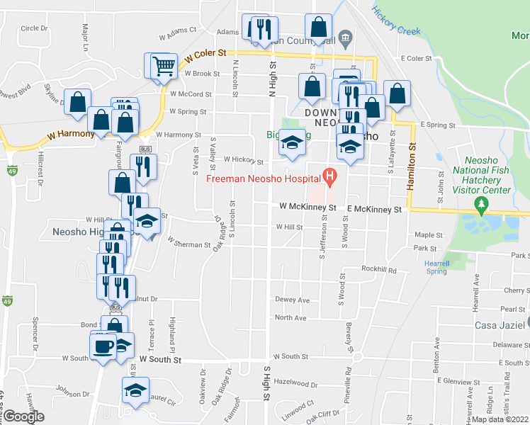 map of restaurants, bars, coffee shops, grocery stores, and more near 406 South High Street in Neosho