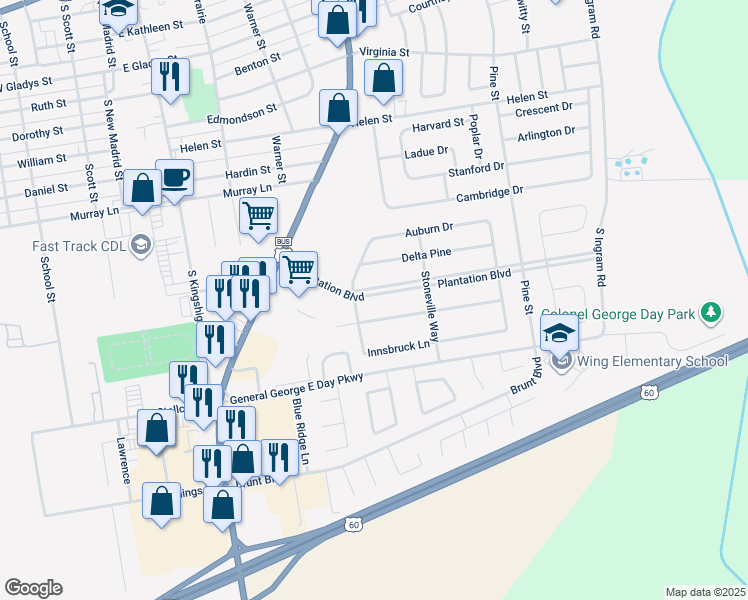 map of restaurants, bars, coffee shops, grocery stores, and more near 805B Plantation Boulevard in Sikeston