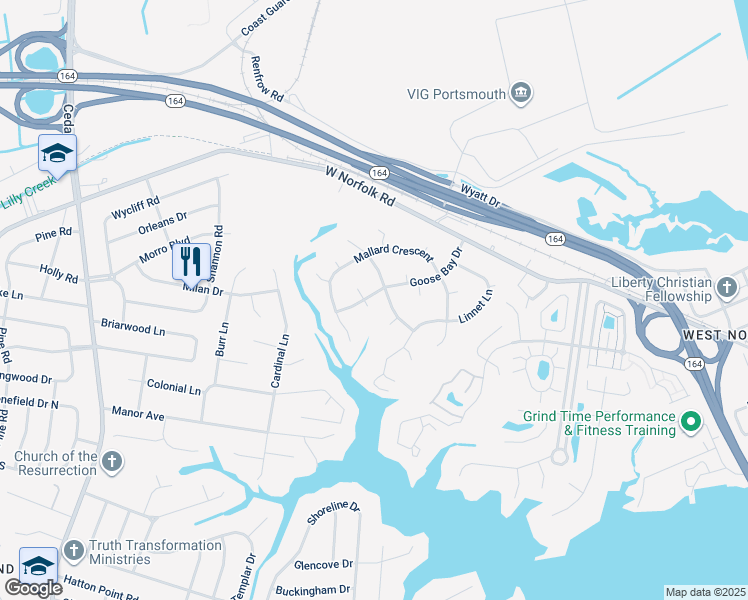 map of restaurants, bars, coffee shops, grocery stores, and more near 3627 Goose Bay Drive in Portsmouth