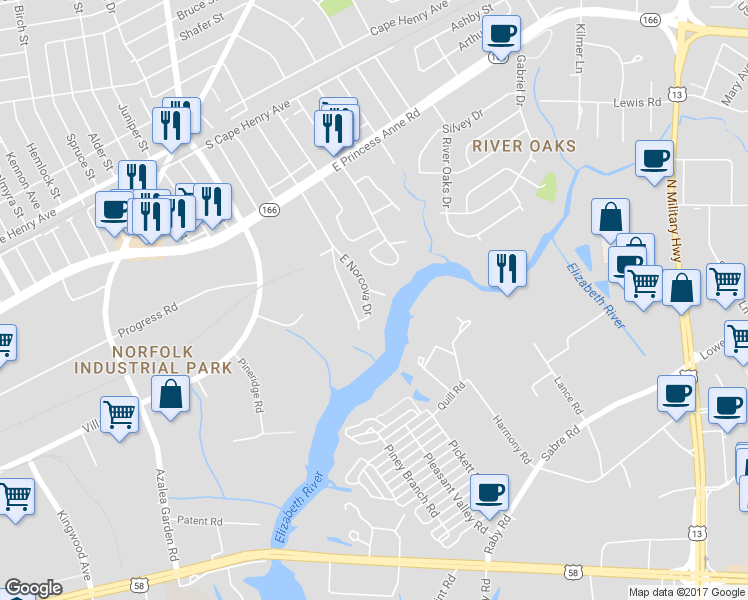 map of restaurants, bars, coffee shops, grocery stores, and more near 1328 East Norcova Drive in Norfolk