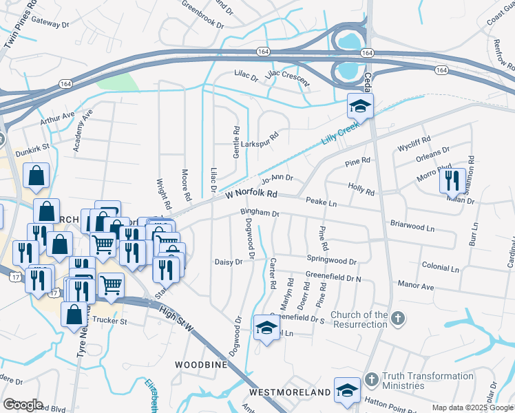 map of restaurants, bars, coffee shops, grocery stores, and more near 5421 West Norfolk Road in Portsmouth