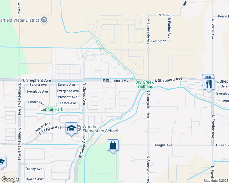 map of restaurants, bars, coffee shops, grocery stores, and more near 4655 East Shepherd Avenue in Clovis