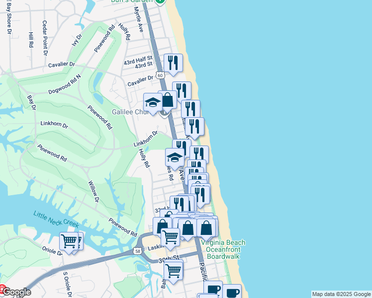 map of restaurants, bars, coffee shops, grocery stores, and more near 3737 Atlantic Avenue in Virginia Beach