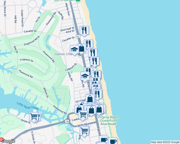map of restaurants, bars, coffee shops, grocery stores, and more near 3704 U.S. 60 in Virginia Beach