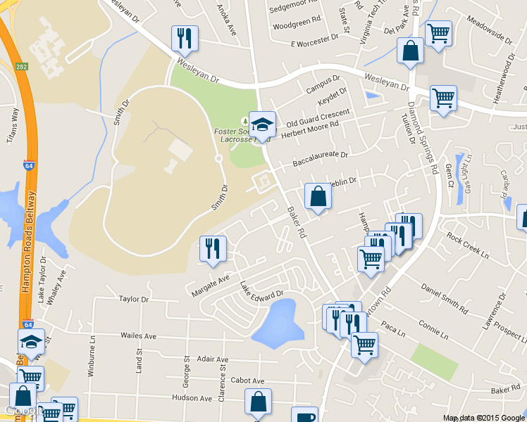 map of restaurants, bars, coffee shops, grocery stores, and more near 5741 University Place in Virginia Beach