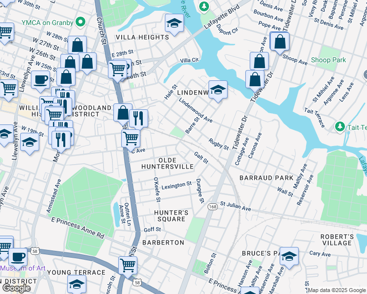 map of restaurants, bars, coffee shops, grocery stores, and more near 956 Galt Street in Norfolk