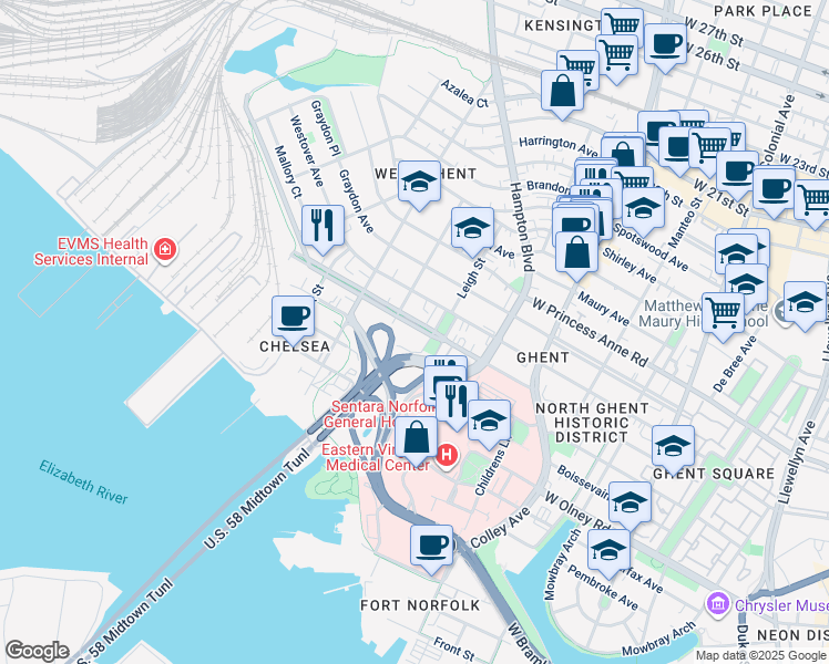 map of restaurants, bars, coffee shops, grocery stores, and more near 1031 Redgate Avenue in Norfolk