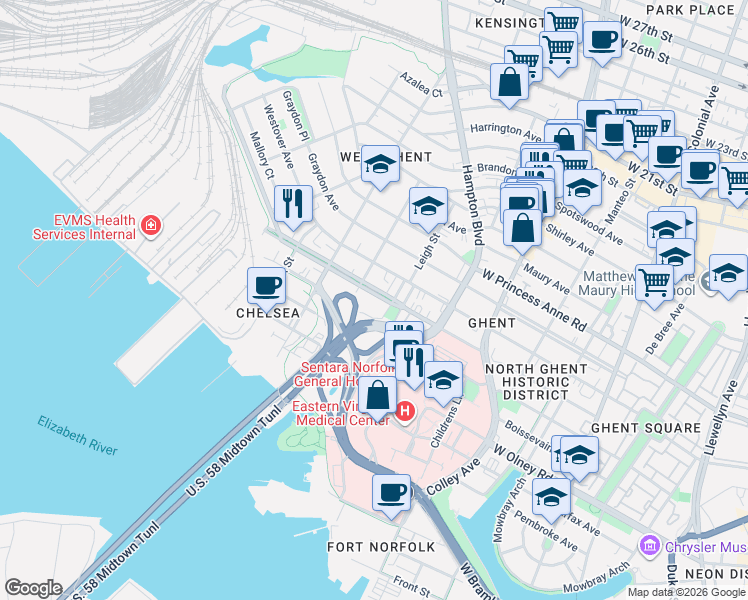map of restaurants, bars, coffee shops, grocery stores, and more near 1031 Redgate Avenue in Norfolk