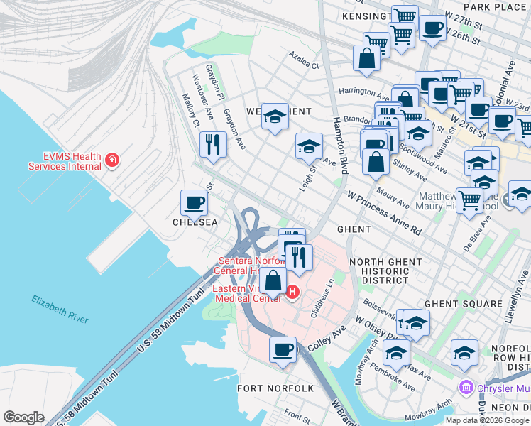 map of restaurants, bars, coffee shops, grocery stores, and more near 1031 Redgate Avenue in Norfolk