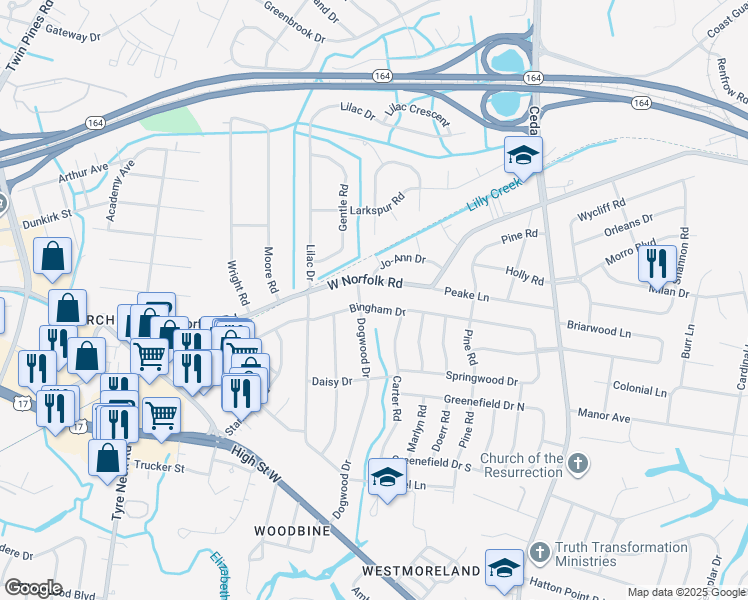 map of restaurants, bars, coffee shops, grocery stores, and more near 5421 West Norfolk Road in Portsmouth