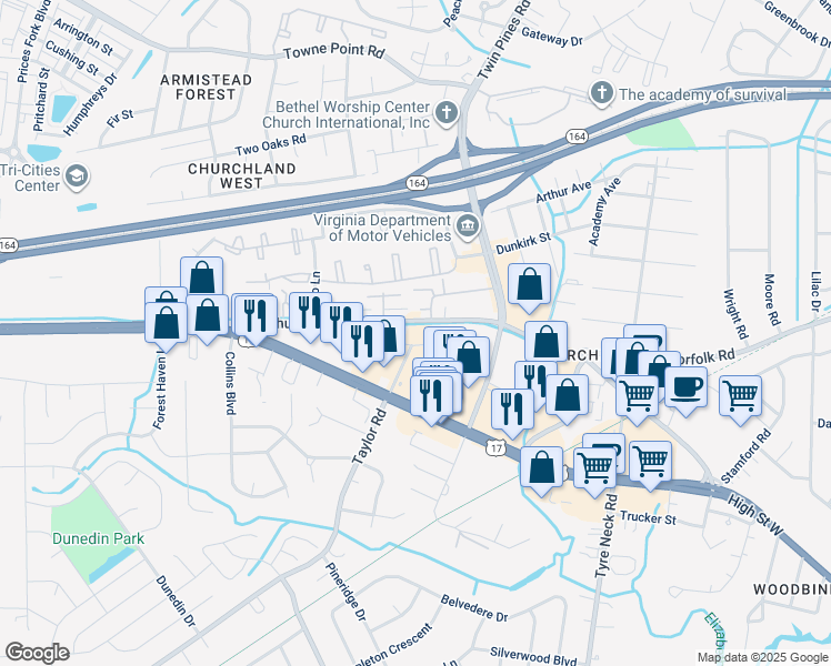 map of restaurants, bars, coffee shops, grocery stores, and more near 3005 Churchland Boulevard in Chesapeake