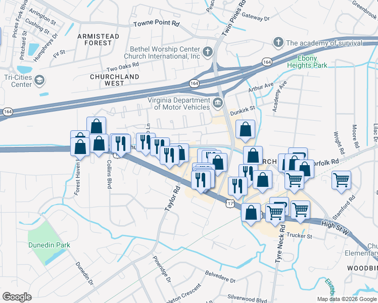 map of restaurants, bars, coffee shops, grocery stores, and more near 3204 American Legion Road in Chesapeake
