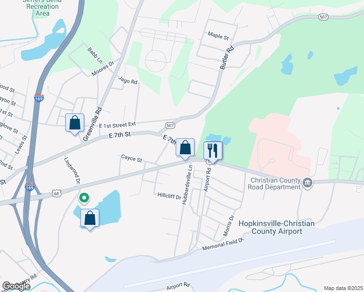 map of restaurants, bars, coffee shops, grocery stores, and more near 1824 East 7th Street in Hopkinsville