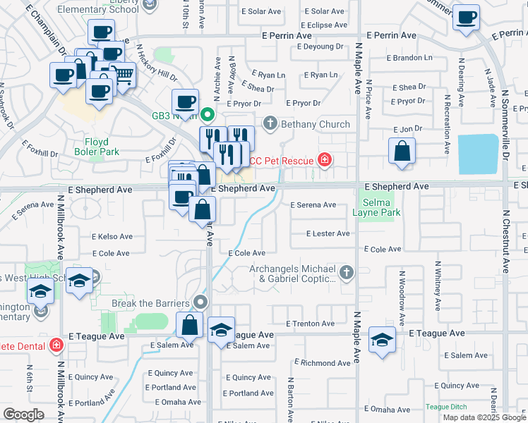 map of restaurants, bars, coffee shops, grocery stores, and more near 8891 North Chance Avenue in Fresno