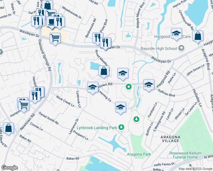 map of restaurants, bars, coffee shops, grocery stores, and more near 5400 Cleeve Abbey in Virginia Beach