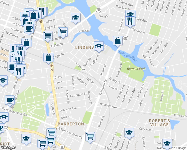 map of restaurants, bars, coffee shops, grocery stores, and more near 980 Pollard Street in Norfolk