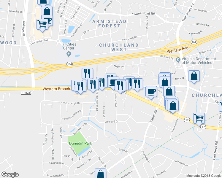 map of restaurants, bars, coffee shops, grocery stores, and more near 3285 Western Branch Boulevard in Chesapeake