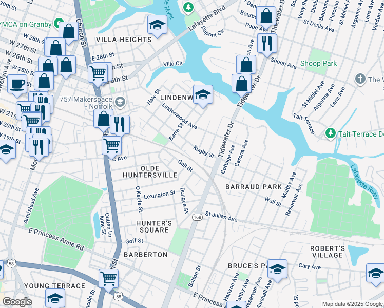 map of restaurants, bars, coffee shops, grocery stores, and more near 980 Pollard Street in Norfolk