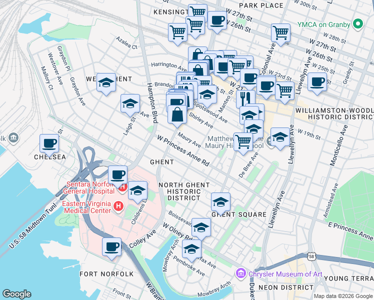 map of restaurants, bars, coffee shops, grocery stores, and more near 714 West Princess Anne Road in Norfolk