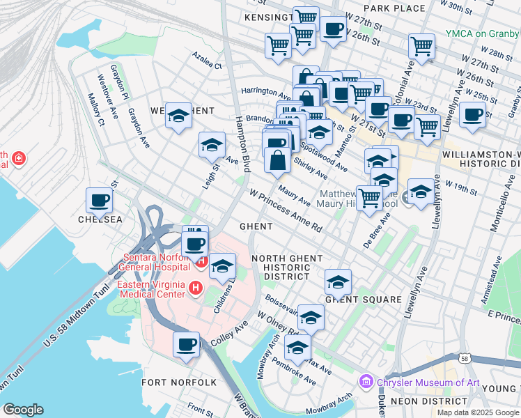 map of restaurants, bars, coffee shops, grocery stores, and more near 1115 Colley Avenue in Norfolk