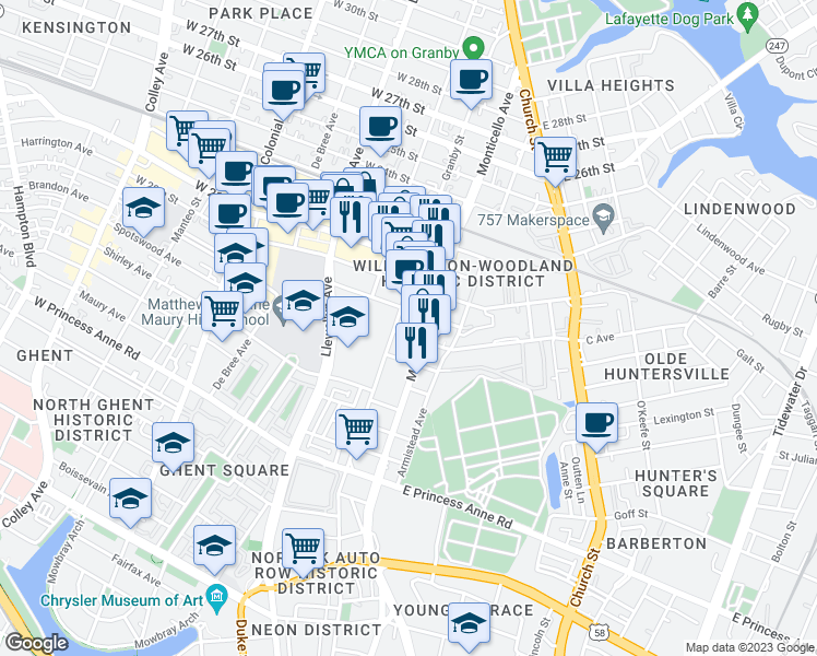 map of restaurants, bars, coffee shops, grocery stores, and more near 108 East 18th Street in Norfolk