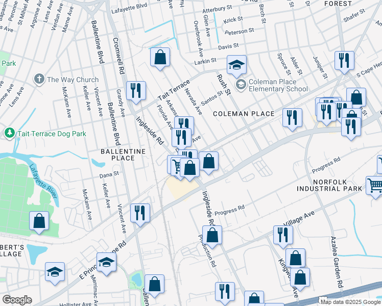 map of restaurants, bars, coffee shops, grocery stores, and more near 2304 Florida Avenue in Norfolk