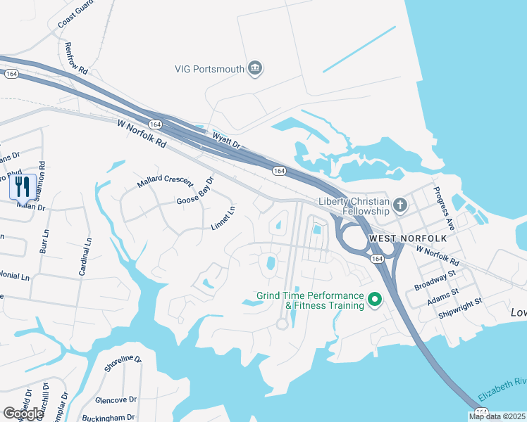 map of restaurants, bars, coffee shops, grocery stores, and more near 3612 Jordan Lane in Portsmouth